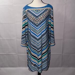 Beige by eci Women's long sleeve Blue Geometric Print Dress Size 8